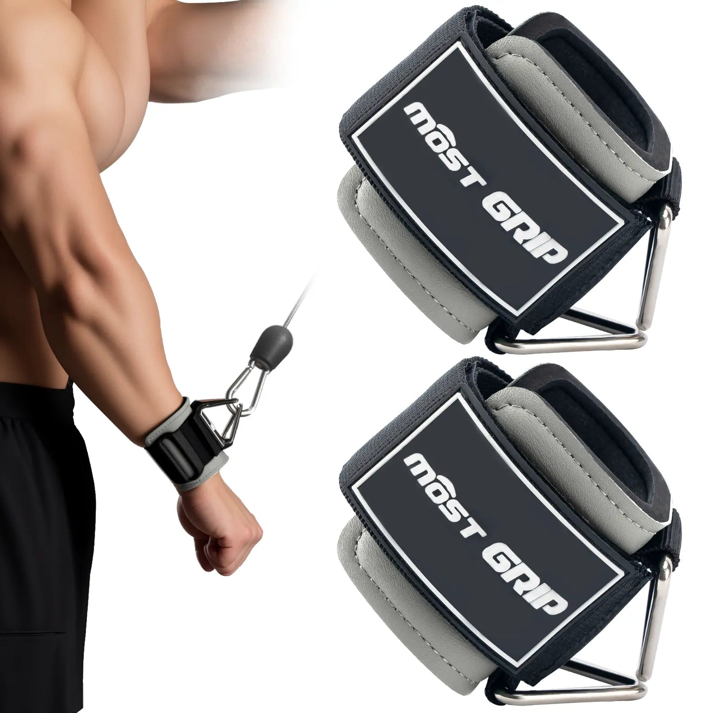 Fitness Essentials MOST GRIP wrist cuffs with D-ring, neoprene padding, and wrist straps for weightlifting and cable machine exercises.