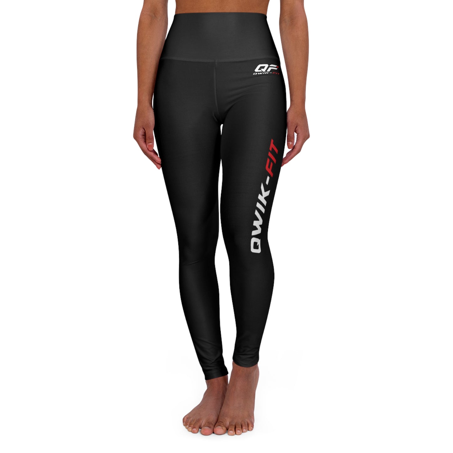 High-Waisted Black Yoga Leggings with Qwik-Fit Side Logo — Performance Activewear