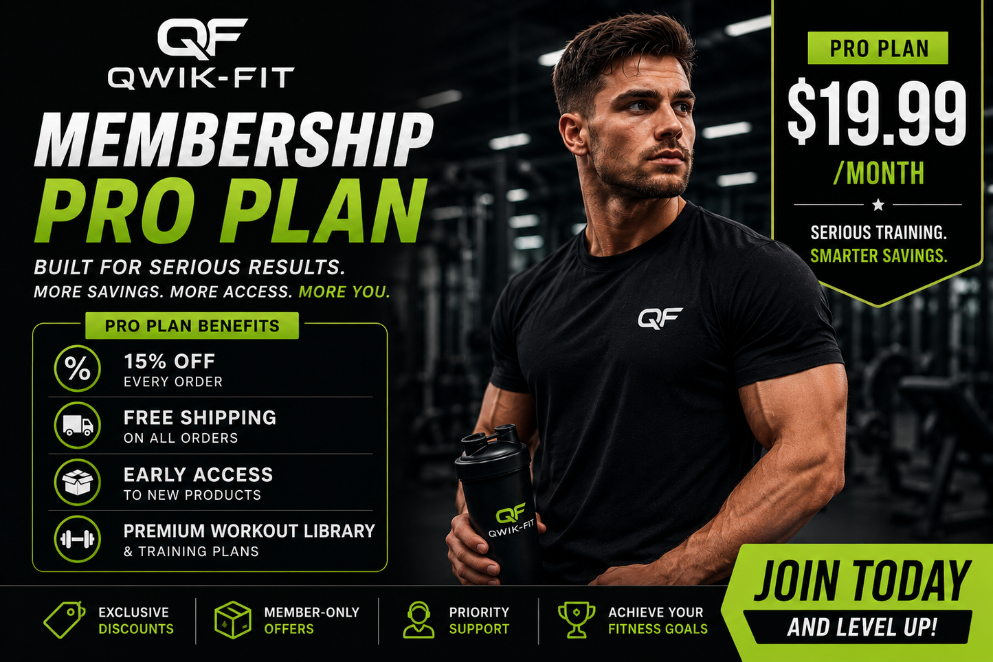 Qwik-Fit Pro membership advertisement showcasing fitness benefits and exclusive access to premium resources.