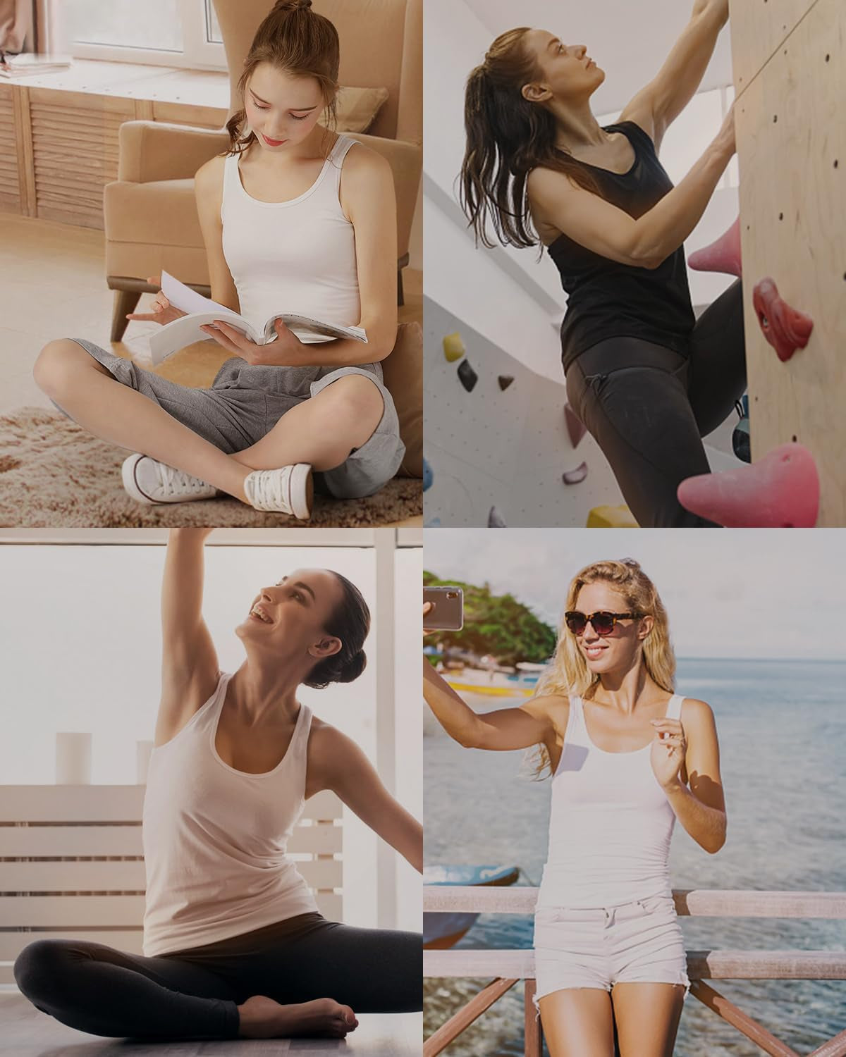 AMVELOP basic women's tank top in black, white, gray, and pink; sleeveless layering undershirt in XL size, pack of four.