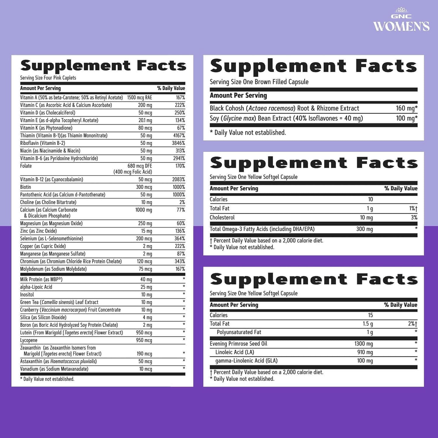 GNC Women’s Menopause Support Vitapak with black cohosh, evening primrose oil, and daily packs for hormonal balance and hot flash relief