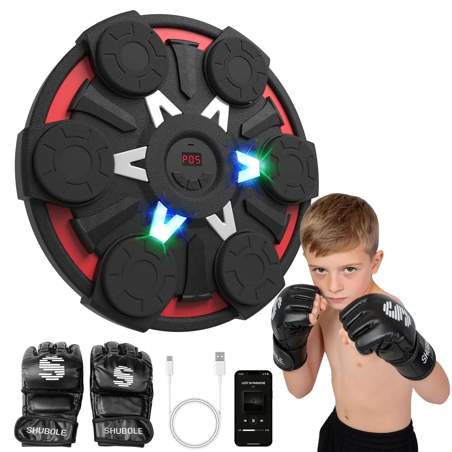 Fitness Essentials music boxing machine with wall-mounted punching pad, gloves, lighting, and Bluetooth for kids and adults exercise.