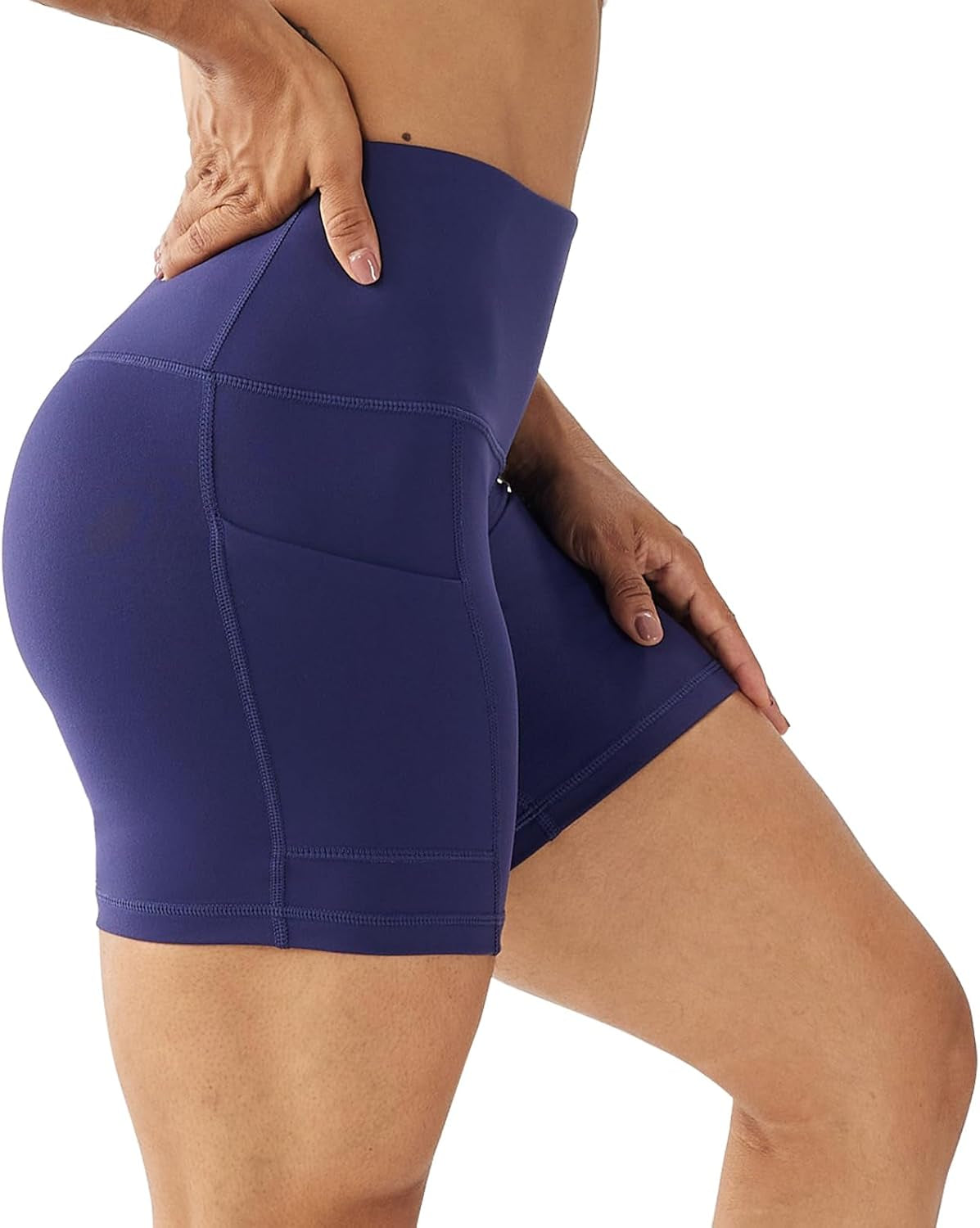 Lovesoft women's 5-inch high waist biker shorts with side pockets, made of compression spandex for yoga, running, and gym workouts.