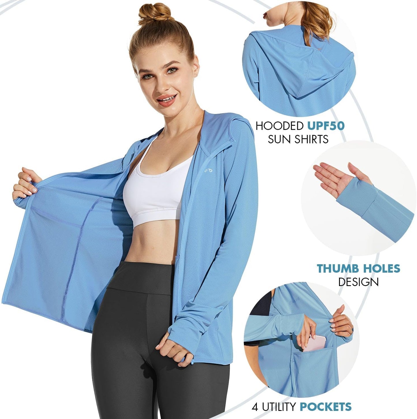Baleaf women's UPF 50+ sun protection hooded cooling hiking jacket with pockets, outdoor performance, lightweight and breathable.