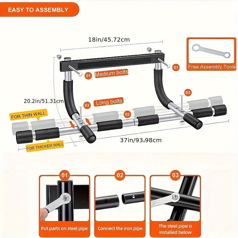 Stretch Bar Full Body Doorway Trainer assembly guide with measurements and parts overview for doorway stretch trainer.