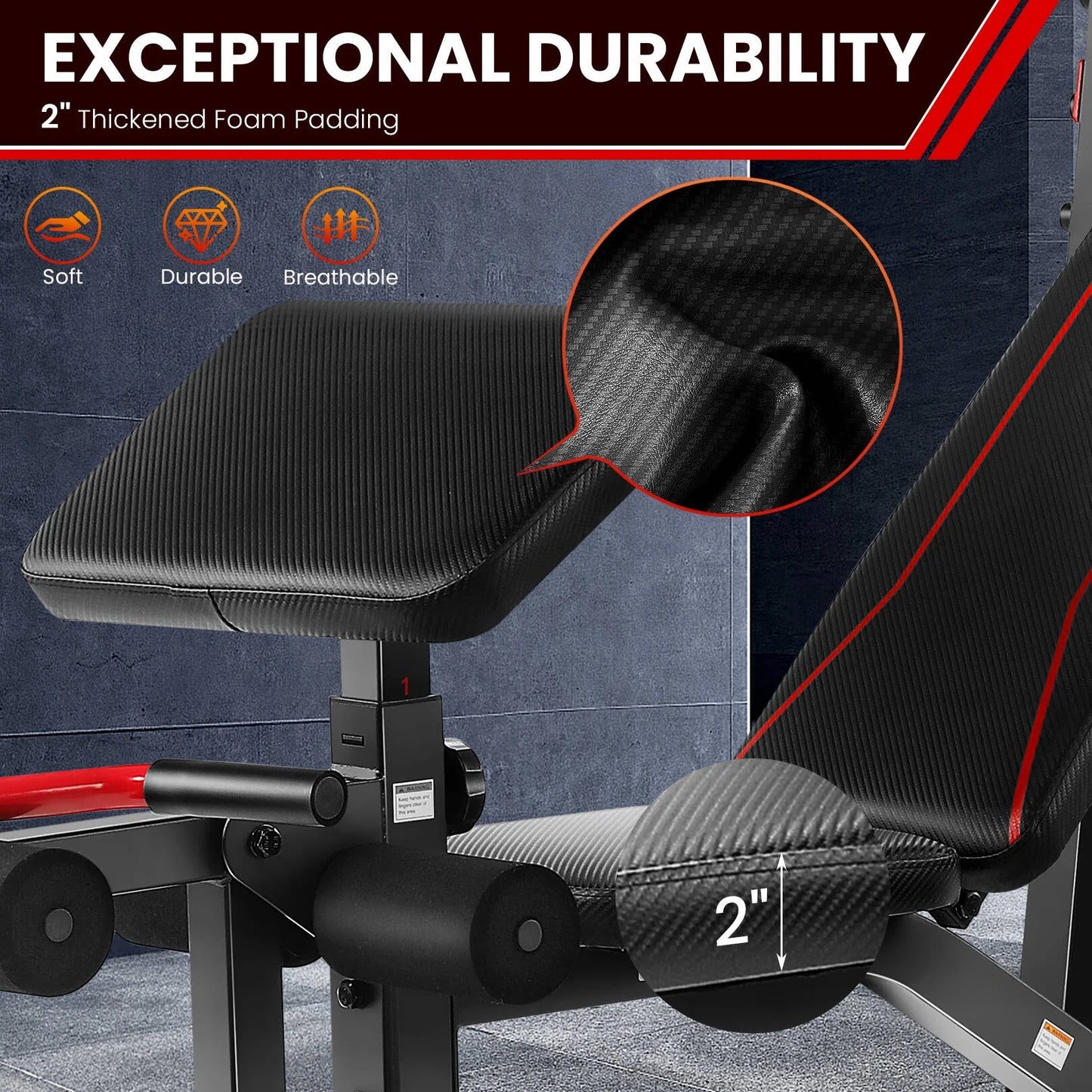 Fitness Essentials adjustable weight bench with squat rack, preacher curl, leg extension for full-body home gym workouts.