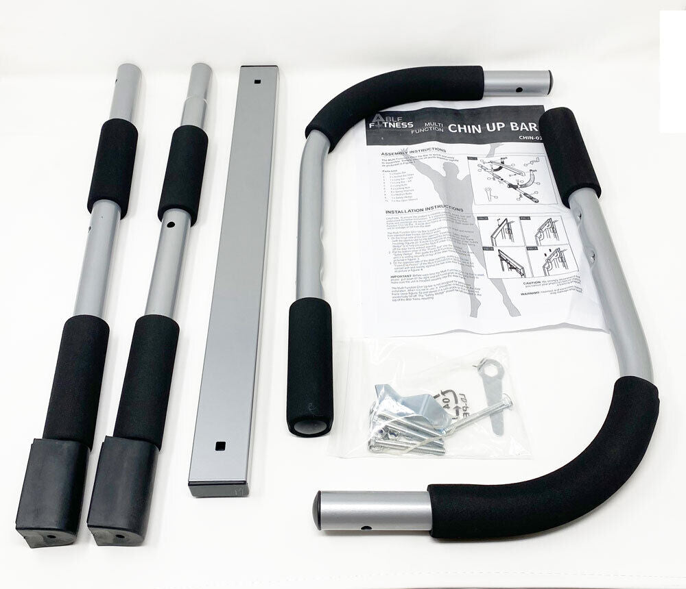 Fitness Essentials doorway chin-up bar and pull-up bar for home gym, showing sturdy frame and adjustable features for full-body workouts.