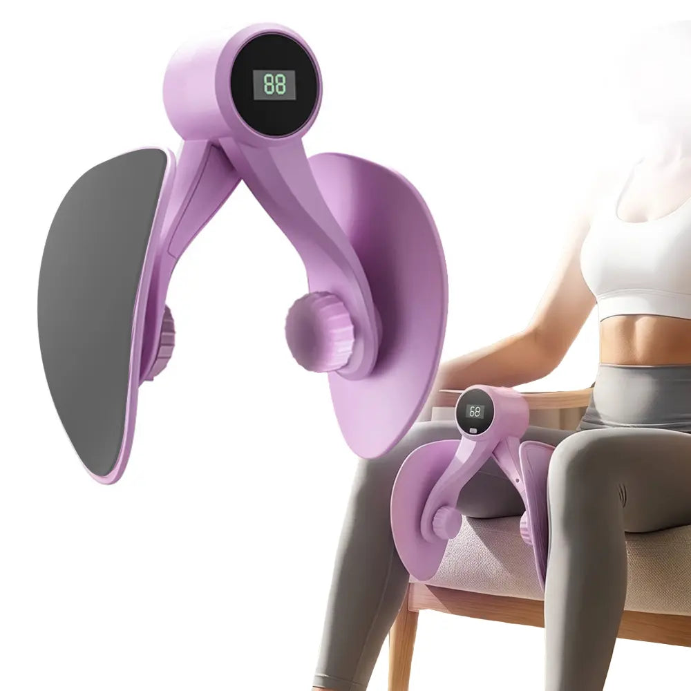 Pink inner thigh toner and leg exerciser from Fitness Essentials with counter, thigh stretch, glute trainer, portable home workout equipment.