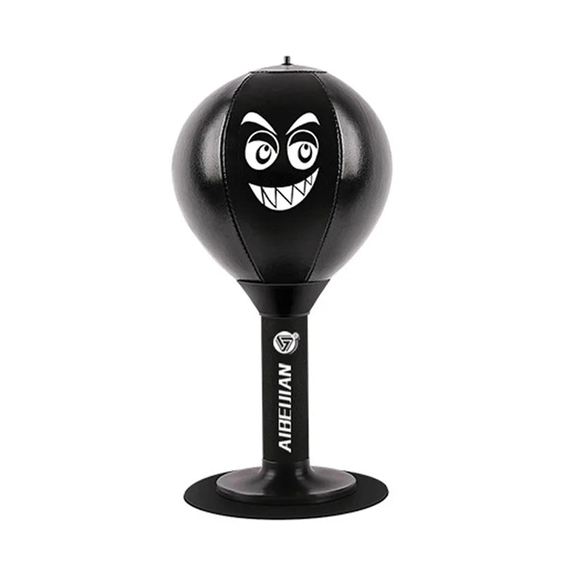 Red children's stress reliever punching bag with suction cup, desk boxing ball for tension relief by Fitness Essentials.