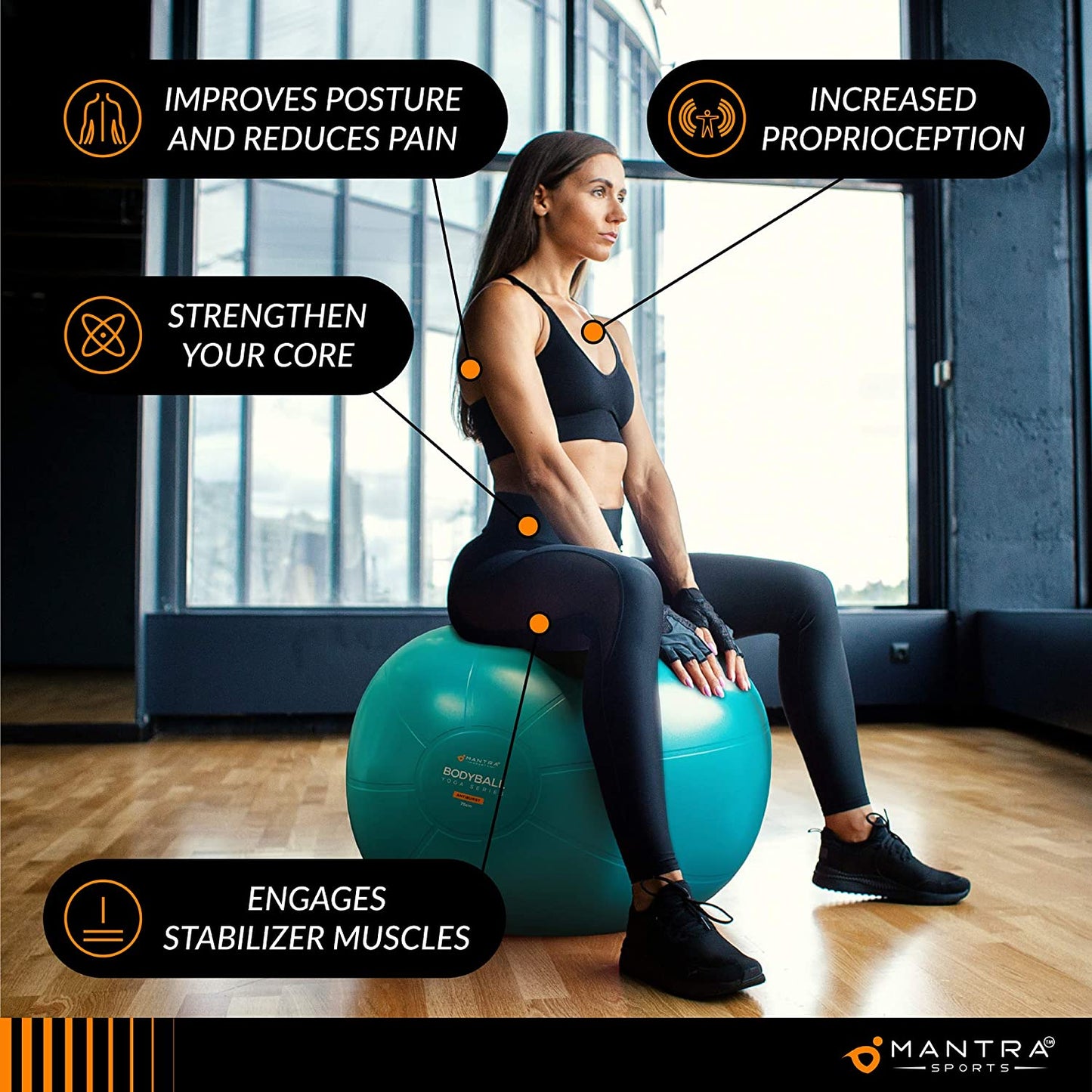 Turquoise MANTRA SPORTS exercise ball for Pilates, pregnancy, and fitness, with fast pump, suitable for core stability, balance, and rehab.
