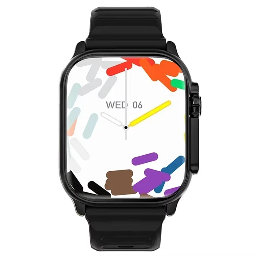 Black steel strap smart watch with Bluetooth talk, message alerts, heart rate monitor, and sports features for Android and iOS.