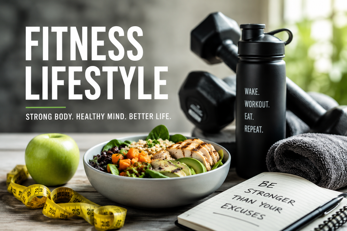 Healthy fitness lifestyle habits showcased with nutritious meal, workout gear, and motivational messages.
