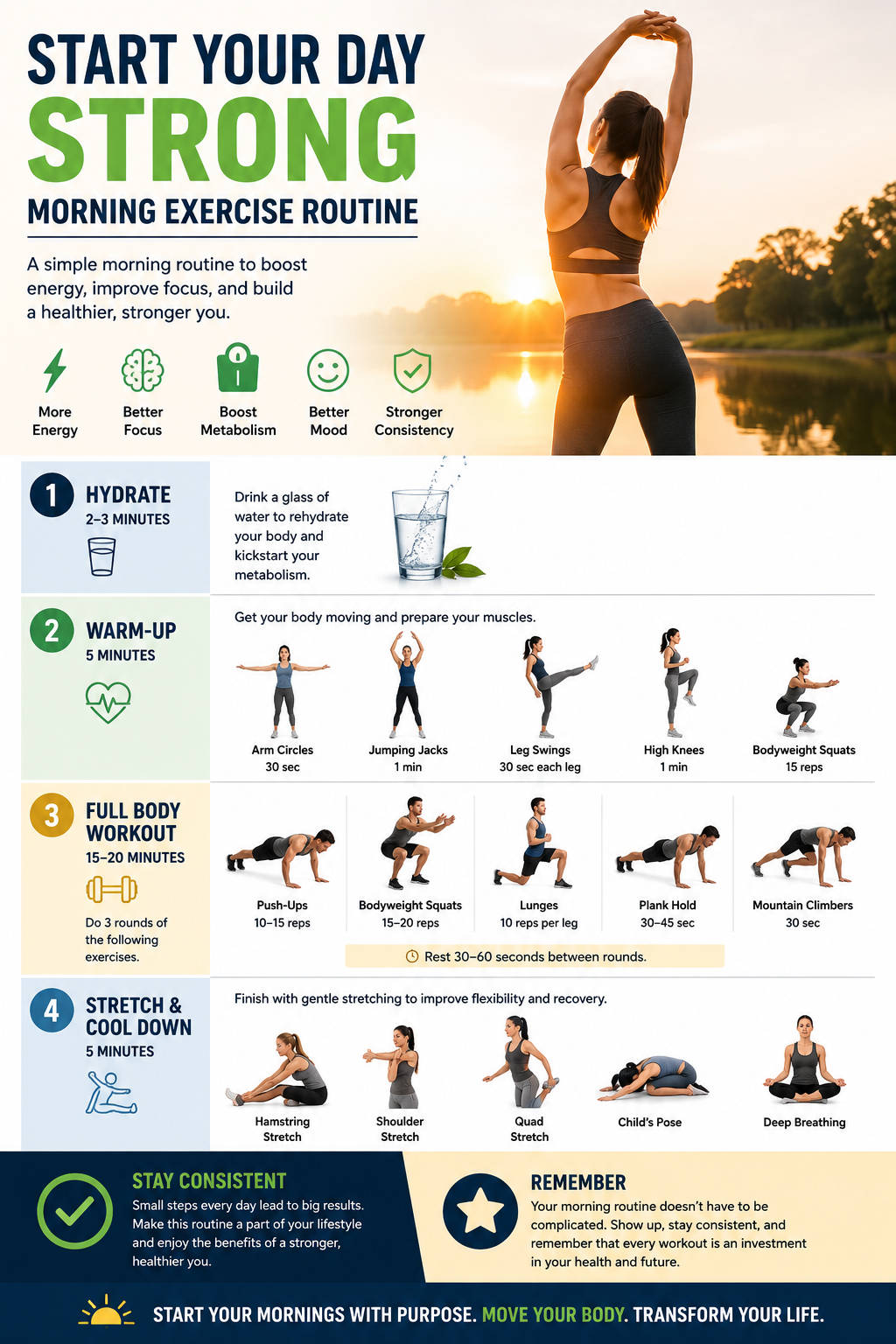 Infographic showing a morning exercise routine for energy to boost energy, focus, and health.