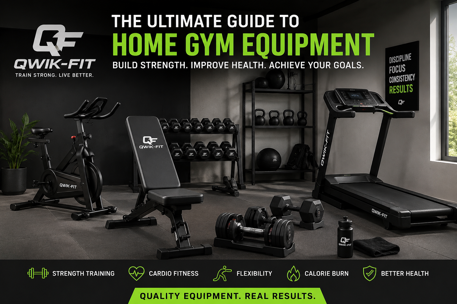The Qwik-Fit home gym setup featuring essential equipment for an effective home gym workout guide.