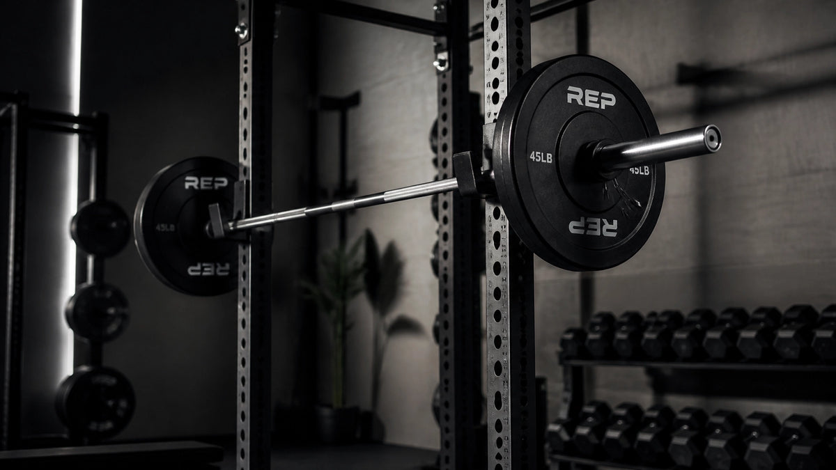 home gym setup mistakes showcased with weights and barbell in a modern fitness space.