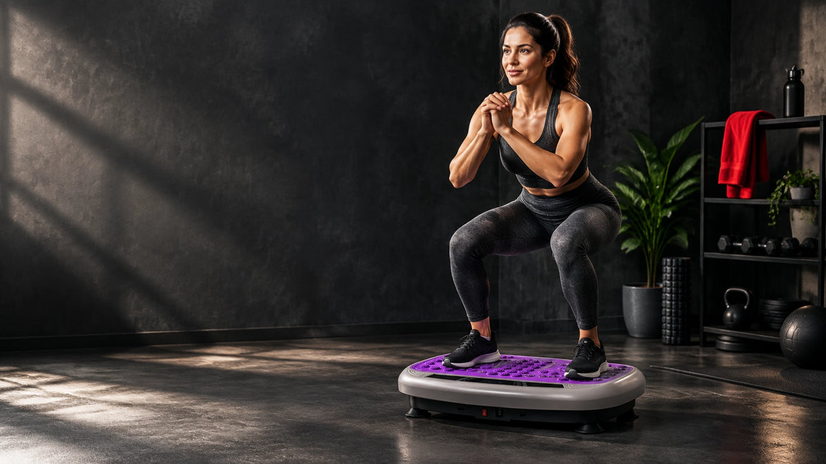 Woman performing a slight squat on a compact purple vibration plate in a dark home gym