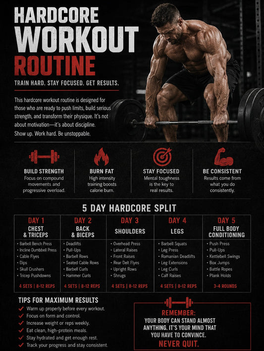 Image of a hardcore workout routine for serious strength training, highlighting a five-day split and fitness tips.