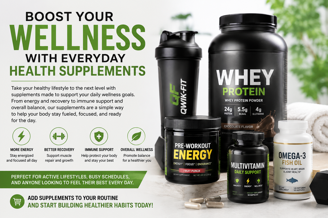 Boost your wellness with everyday health supplements displayed on a countertop, including protein and energy products.