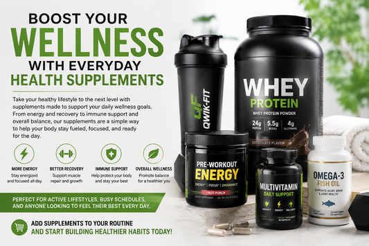 Boost your wellness with everyday health supplements displayed on a countertop, including protein and energy products.