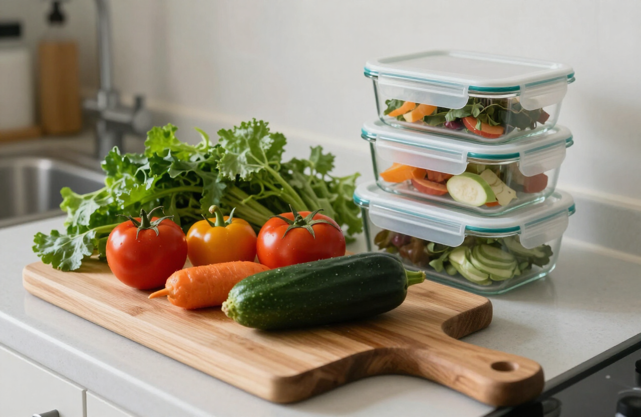 Meal-prep containers and fresh vegetables on a kitchen counter, illustrating a practical and flexible approach to nutrition t