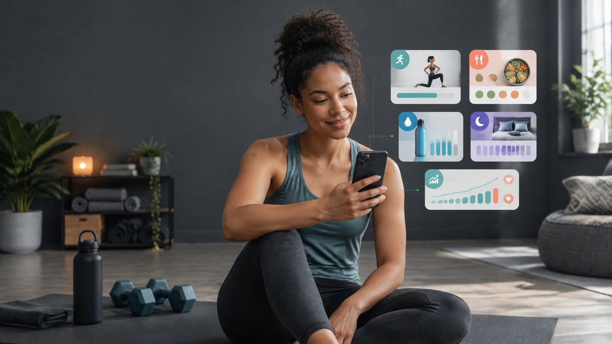 An inclusive beginner using a smartphone fitness dashboard at home while starting a realistic first-week wellness routine