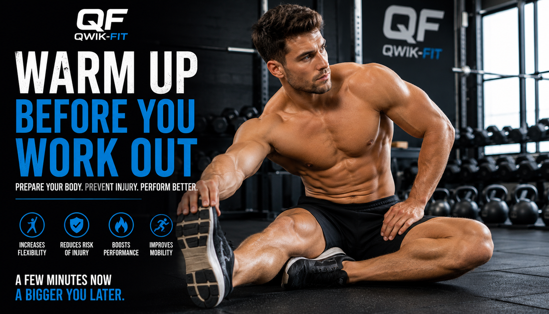 Qwik-Fit warm-up blog hero featuring a fit male stretching before a workout