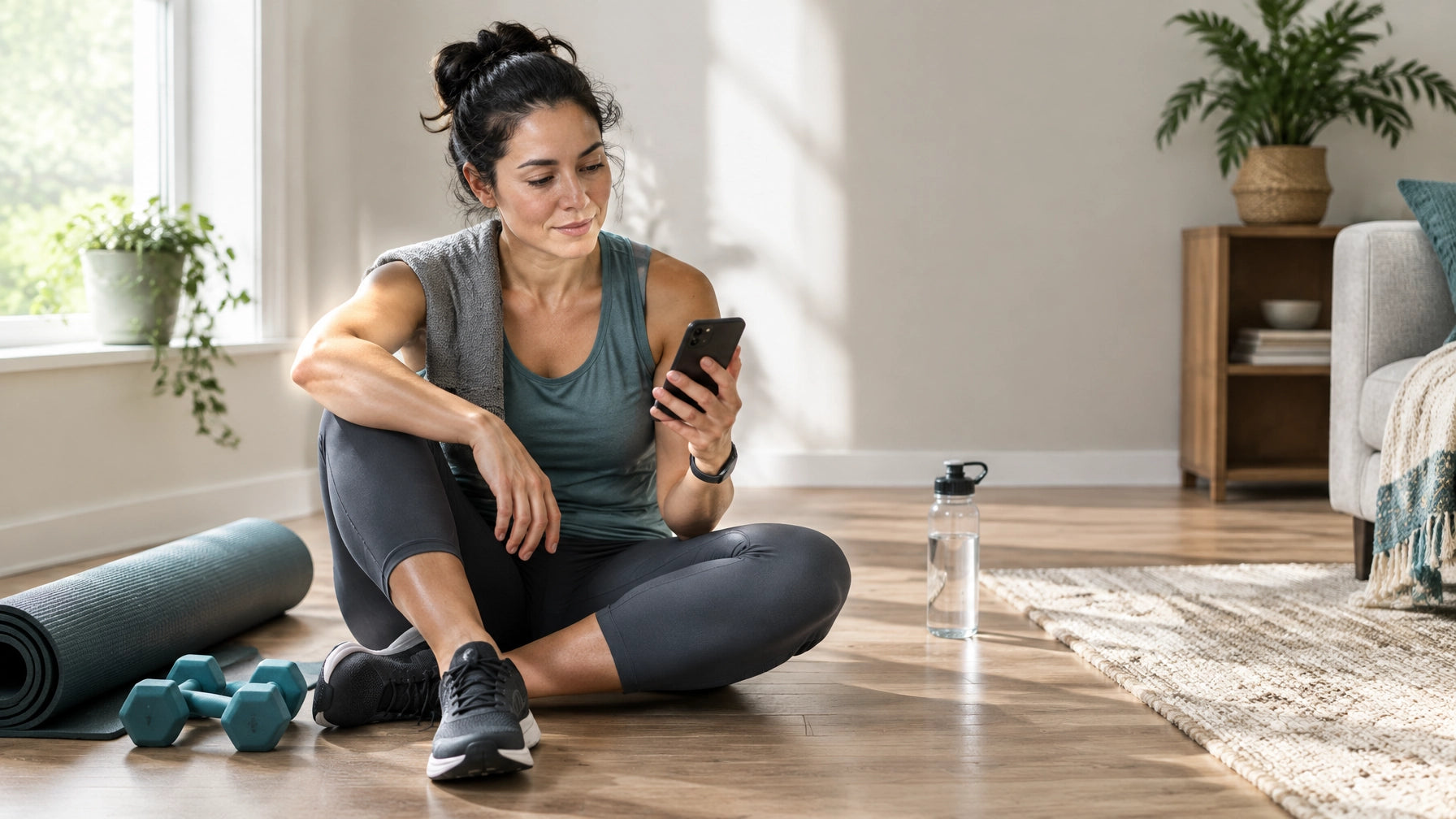 A person finishing a home workout and checking a fitness app on their phone