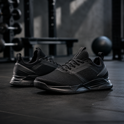 Performance workout shoes in black, designed for comfort and support during training and exercise.