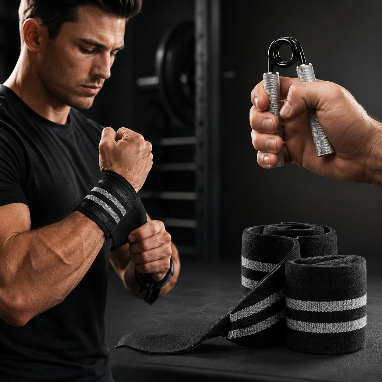 Athlete using hand gripper with wrist wraps in a modern gym