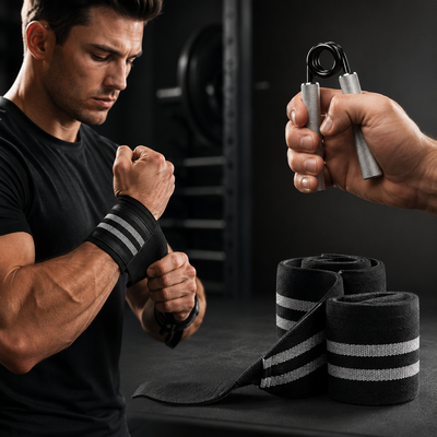 Athlete using hand gripper with wrist wraps in a modern gym