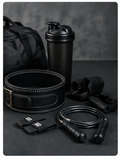 effective fitness accessories for workouts including a jump rope, weightlifting belt, and fitness gloves.