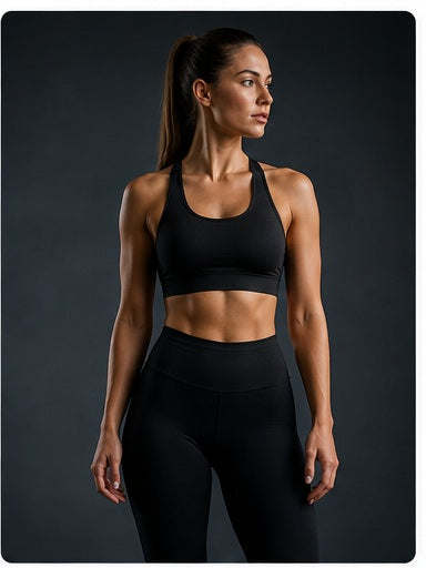 Performance athletic wear collection featuring a woman in a stylish black sports bra and leggings.