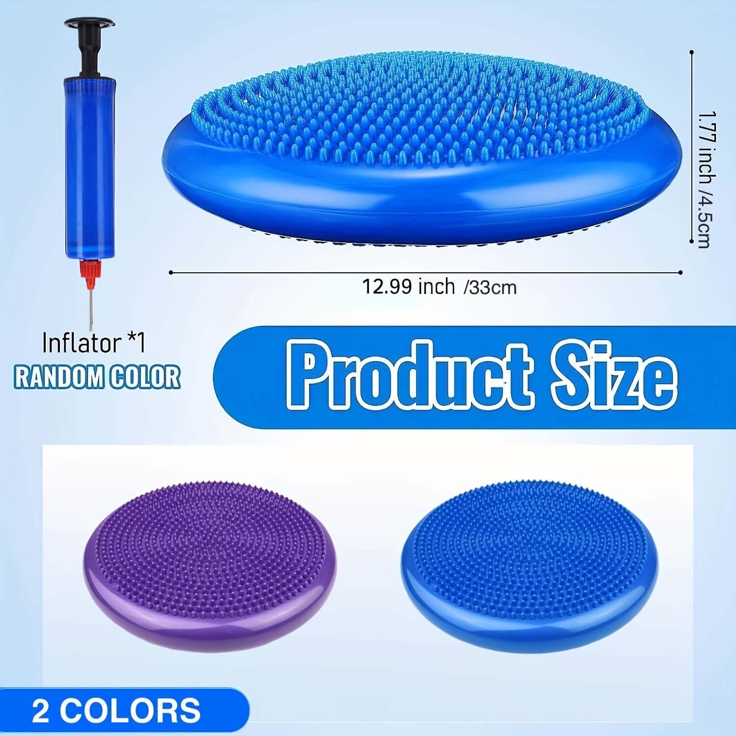 2pcs inflatable balance boards for core strength training available in blue and purple, with included inflator.