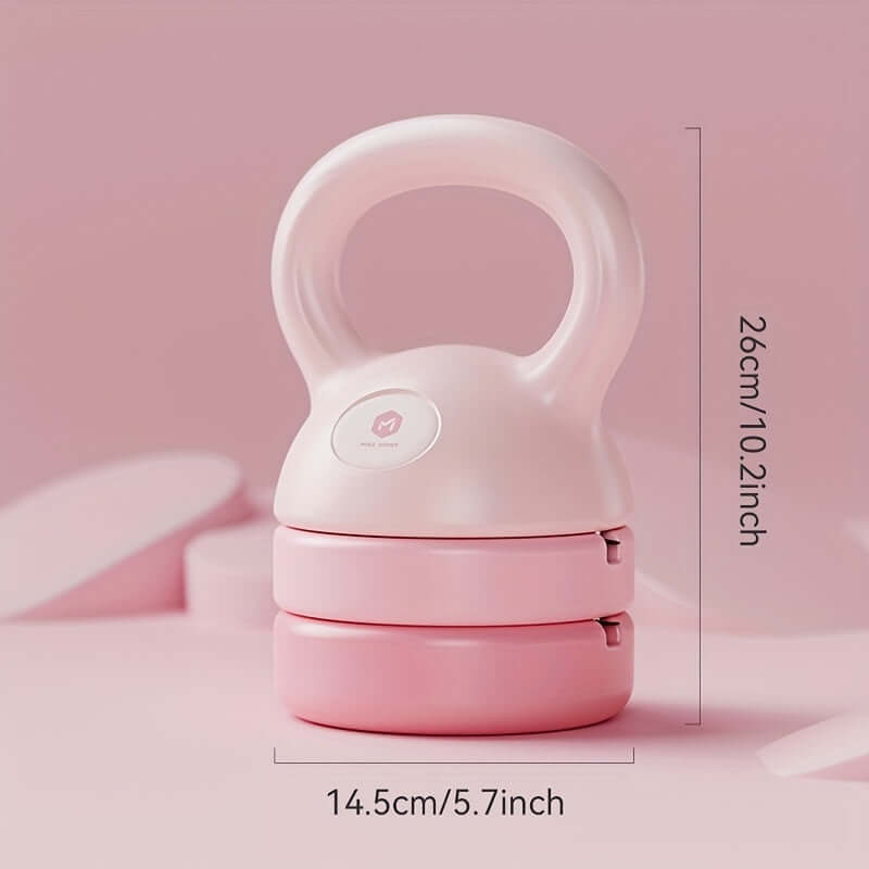 Adjustable 12lb kettlebell for home workouts in pink, showing dimensions 26cm and 14.5cm.