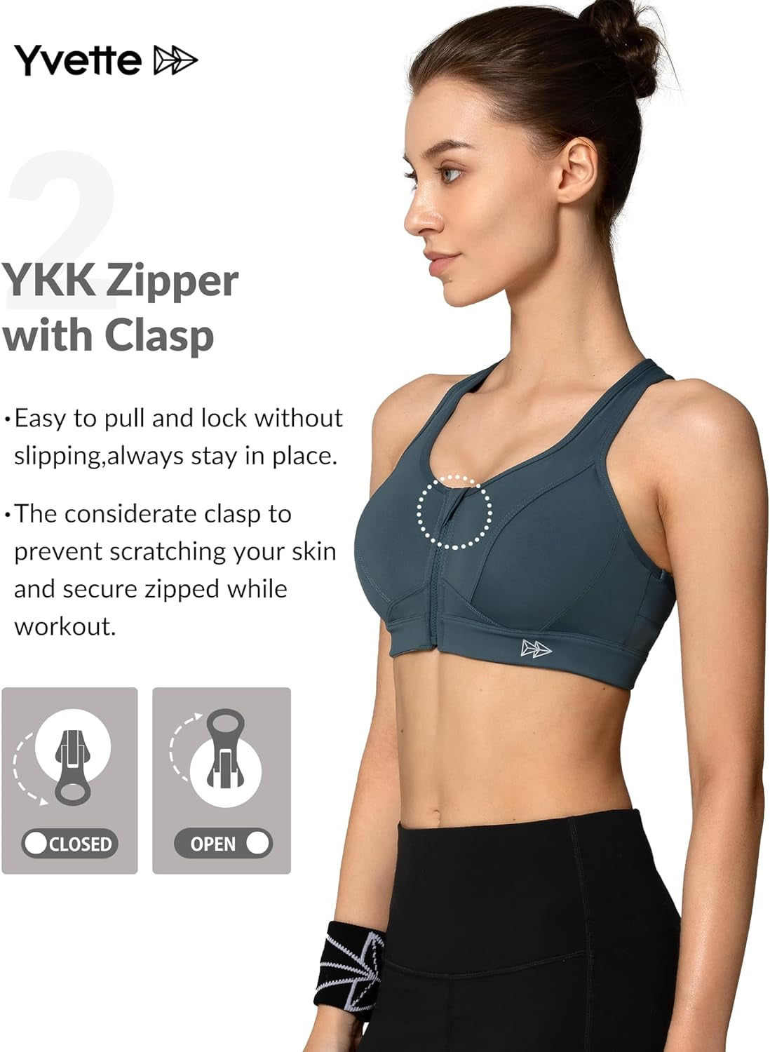 Yvette Zip Front Sports Bra for women, high impact plus size workout and running fitness bra, black with zipper detail