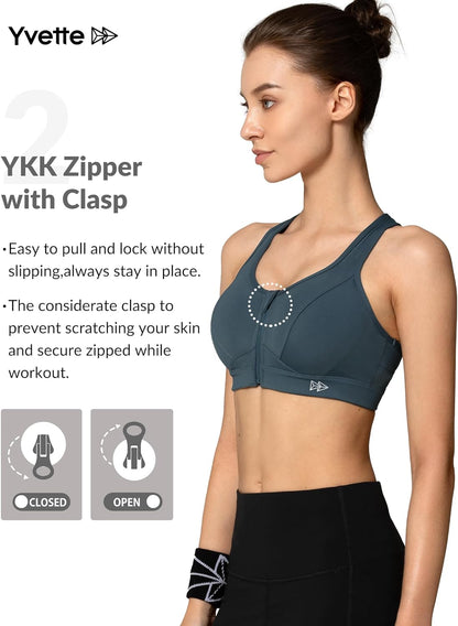 Yvette Zip Front Sports Bra for women, high impact plus size workout and running fitness bra, black with zipper detail