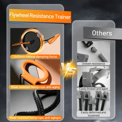 Fitness Essentials flywheel resistance bands with handles for home workouts, targeting arms, back, and shoulders.