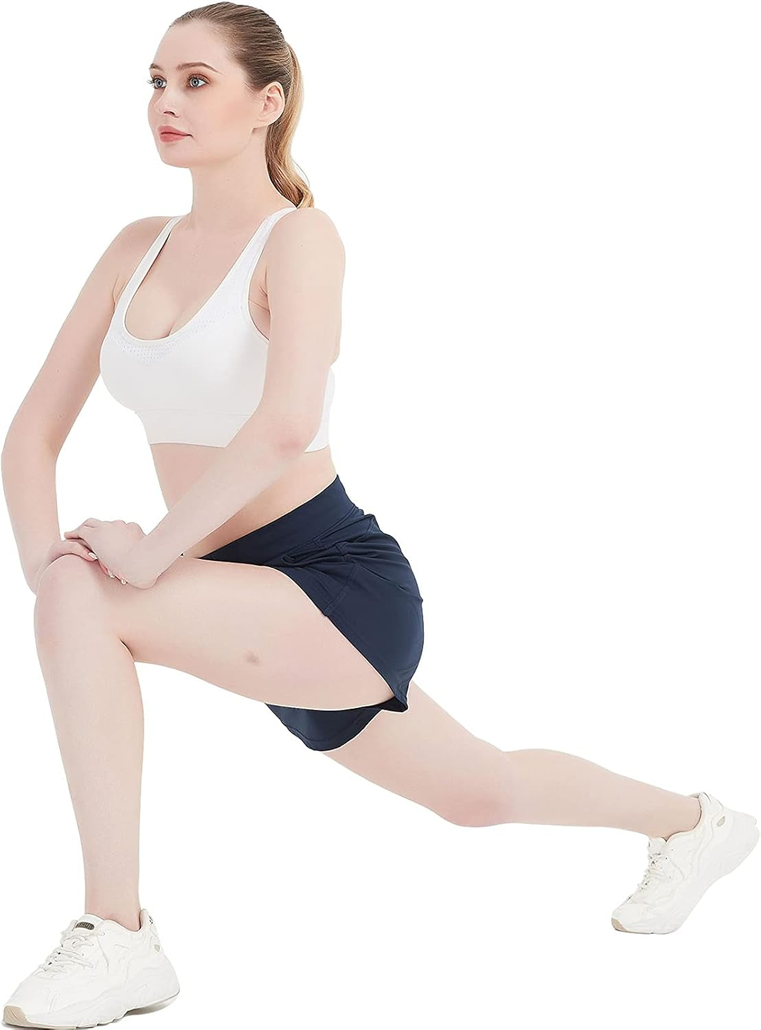 RIBOOM women’s 2-in-1 workout running shorts with pockets, featuring a sporty design for active yoga and gym workouts.