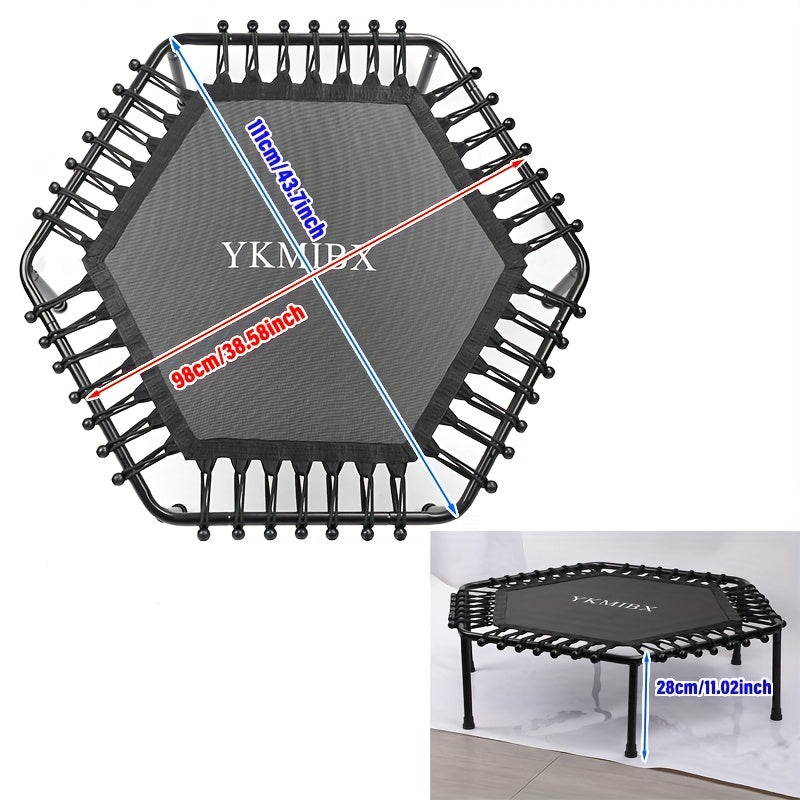 Hexagonal fitness trampoline quiet bounce home gym with dimensions for practical workouts and gym use.