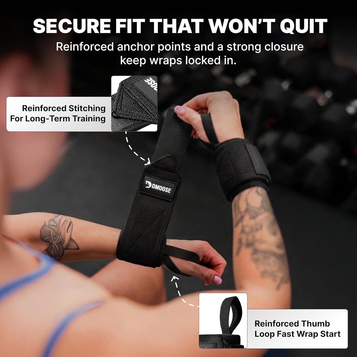 Dmoose Fitness Wrist Wraps for Weightlifting 18" - Heavy Duty Gym Wrap with Hand Thumb Loop for Support & Pain Relief, USPA Approved Powerlifting, Weight Lifting Wrist Straps for Men & Women Work Out
