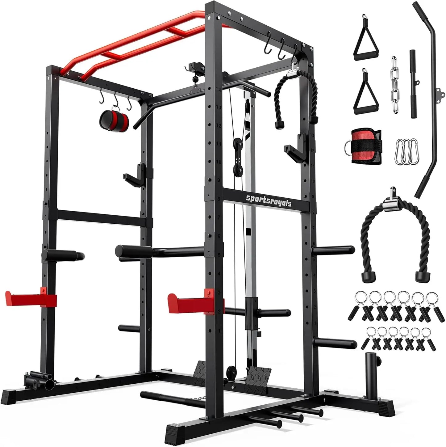 Fitness Essentials FED FITNESS Power Rack with pulley system and LAT pull-down, home gym squat and workout cage with J hooks in red or blue