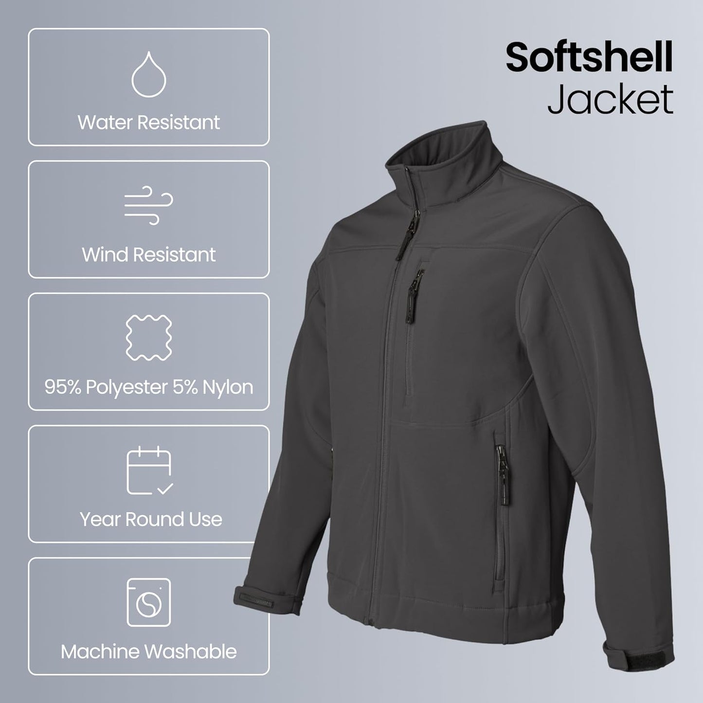 Weatherproof men's softshell jacket showing a lightweight, wind-resistant, water-resistant outdoor coat ideal for active outdoor wear.