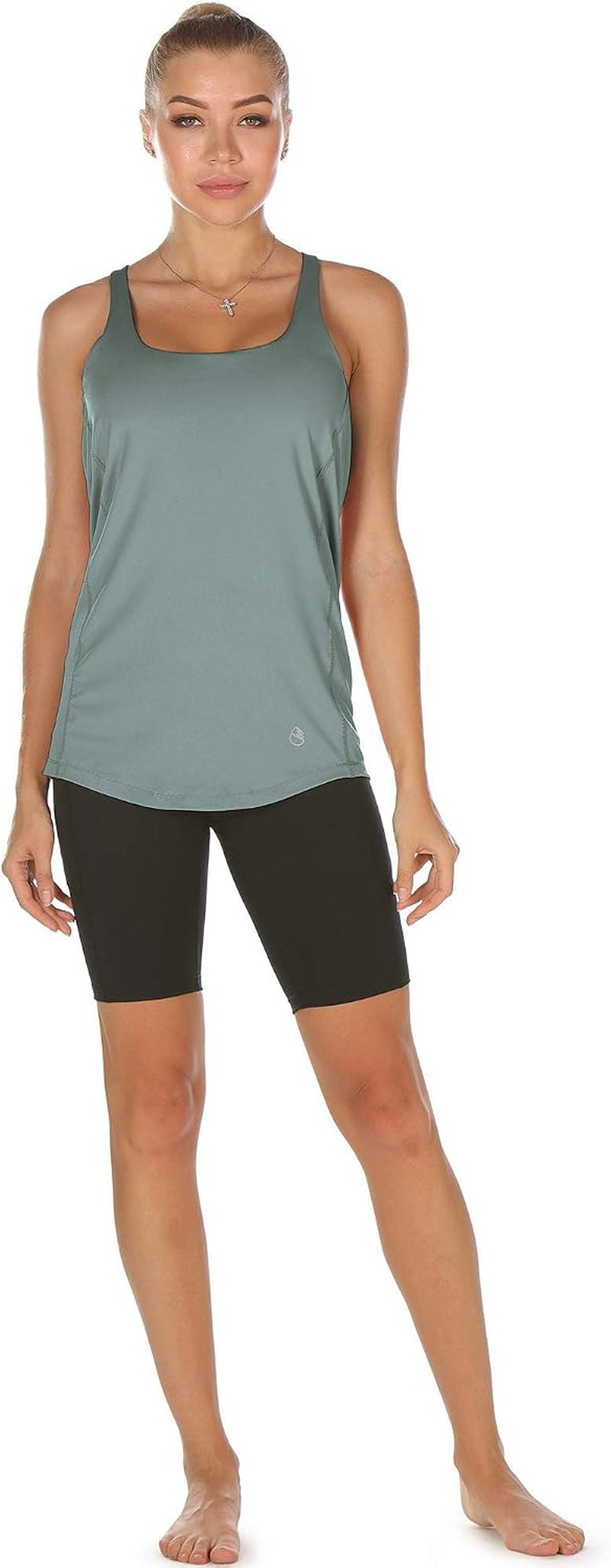 Icyzone women's workout tank top with built-in bra, strappy design, ideal for yoga, running, and gym exercise.