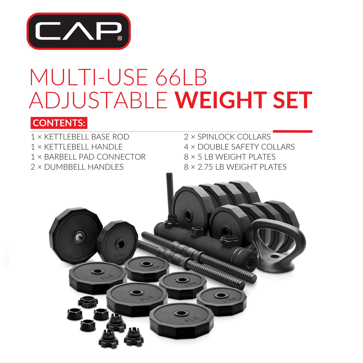 CAP 66Lb Versatile Weight Set - Adjustable Dumbbell, Barbell & Kettlebell for Complete Full-Body Workouts, Sleek Black Design