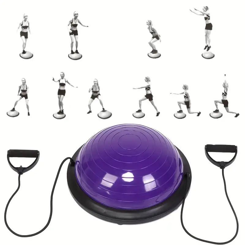 Half balance ball exercise equipment for fitness workouts with pump and bands in purple color.