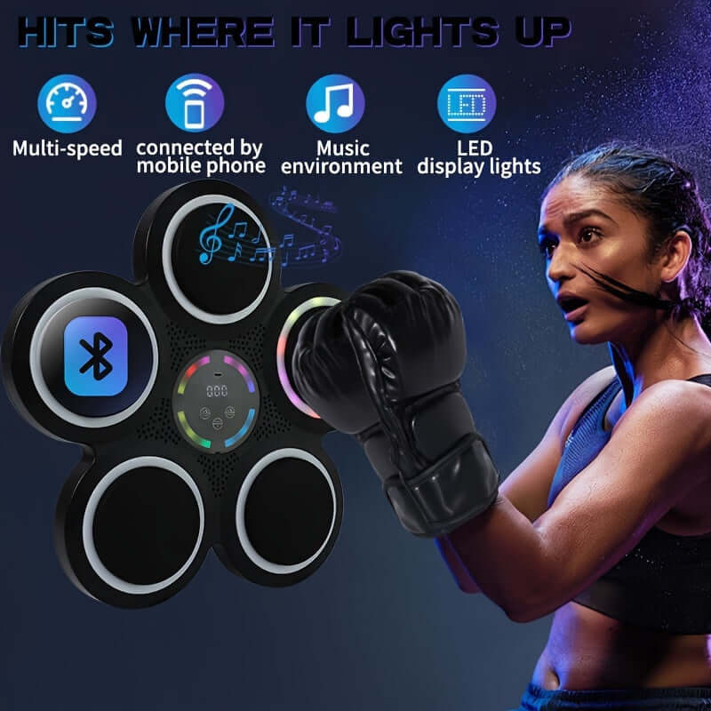 Smart boxing machine with wireless music showcasing multi-speed options and Bluetooth connectivity.