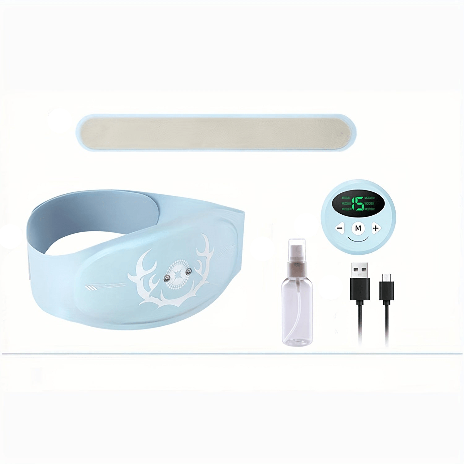Portable abdominal muscle trainer set including blue belt, USB charger, spray bottle, and remote for home workouts.