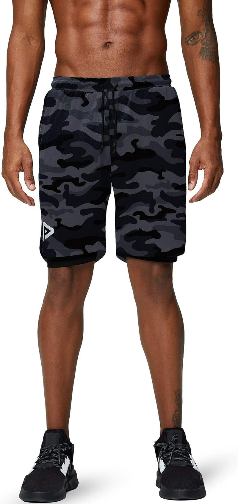Pinkbomb men's 2-in-1 running shorts with quick-dry fabric and phone pocket, designed for gym workouts and active wear.