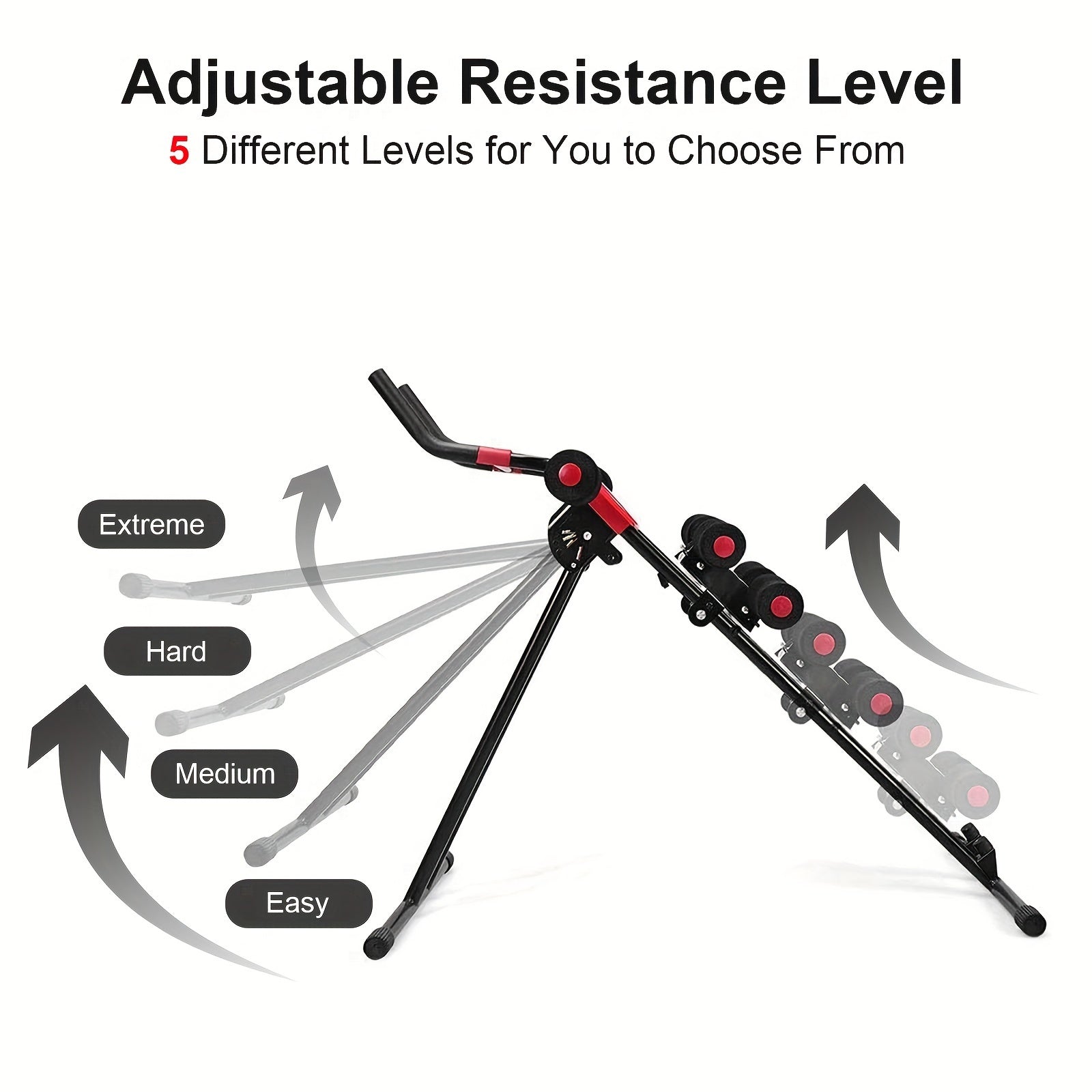 Adjustable foldable ab workout machine with 5 different resistance levels for customized workouts.
