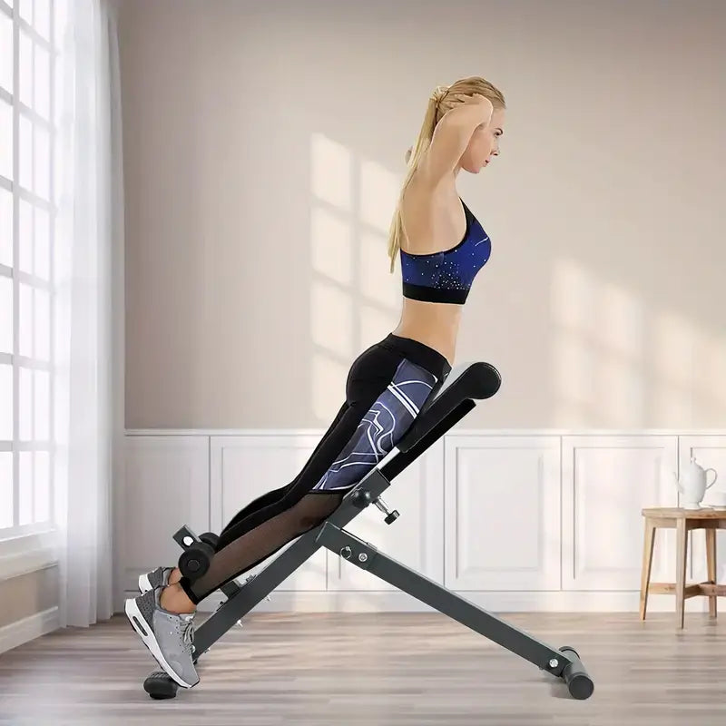 Woman exercising on an adjustable roman chair fitness stool for waist and abdomen workouts in a bright room.